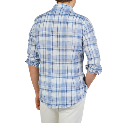 Stenströms Blue Checked Linen Cutaway Slimline Shirt Back