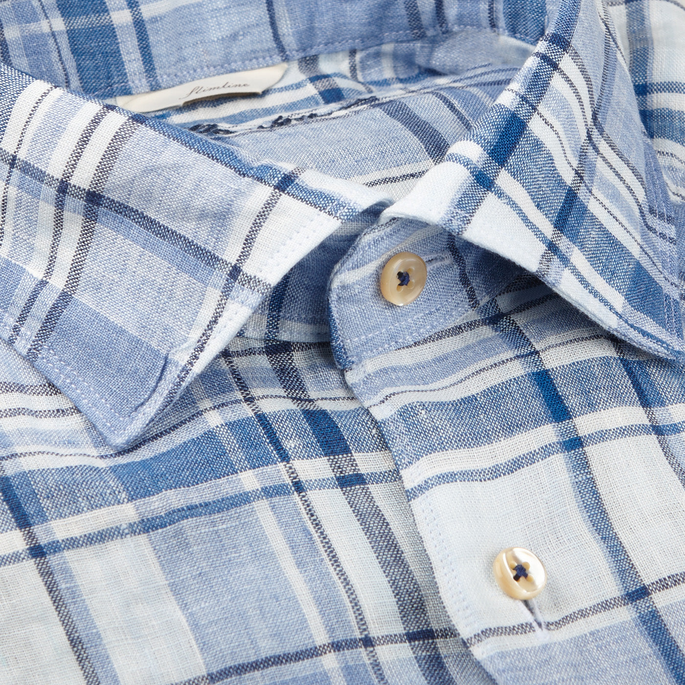 Stenströms Blue Checked Linen Cutaway Slimline Shirt Closed
