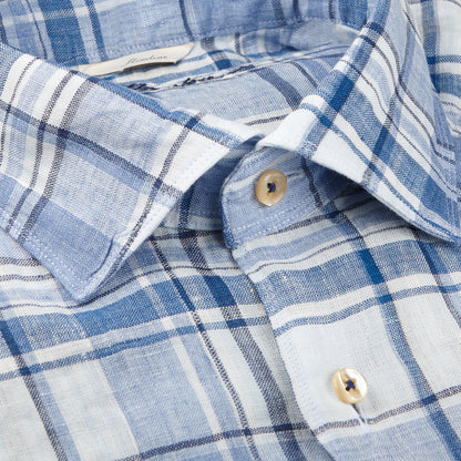 Stenströms Blue Checked Linen Cutaway Slimline Shirt Closed