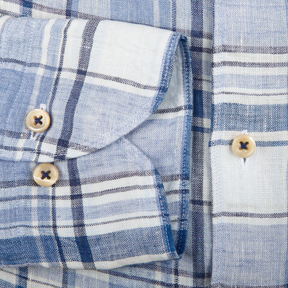 Stenströms Blue Checked Linen Cutaway Slimline Shirt Cuff