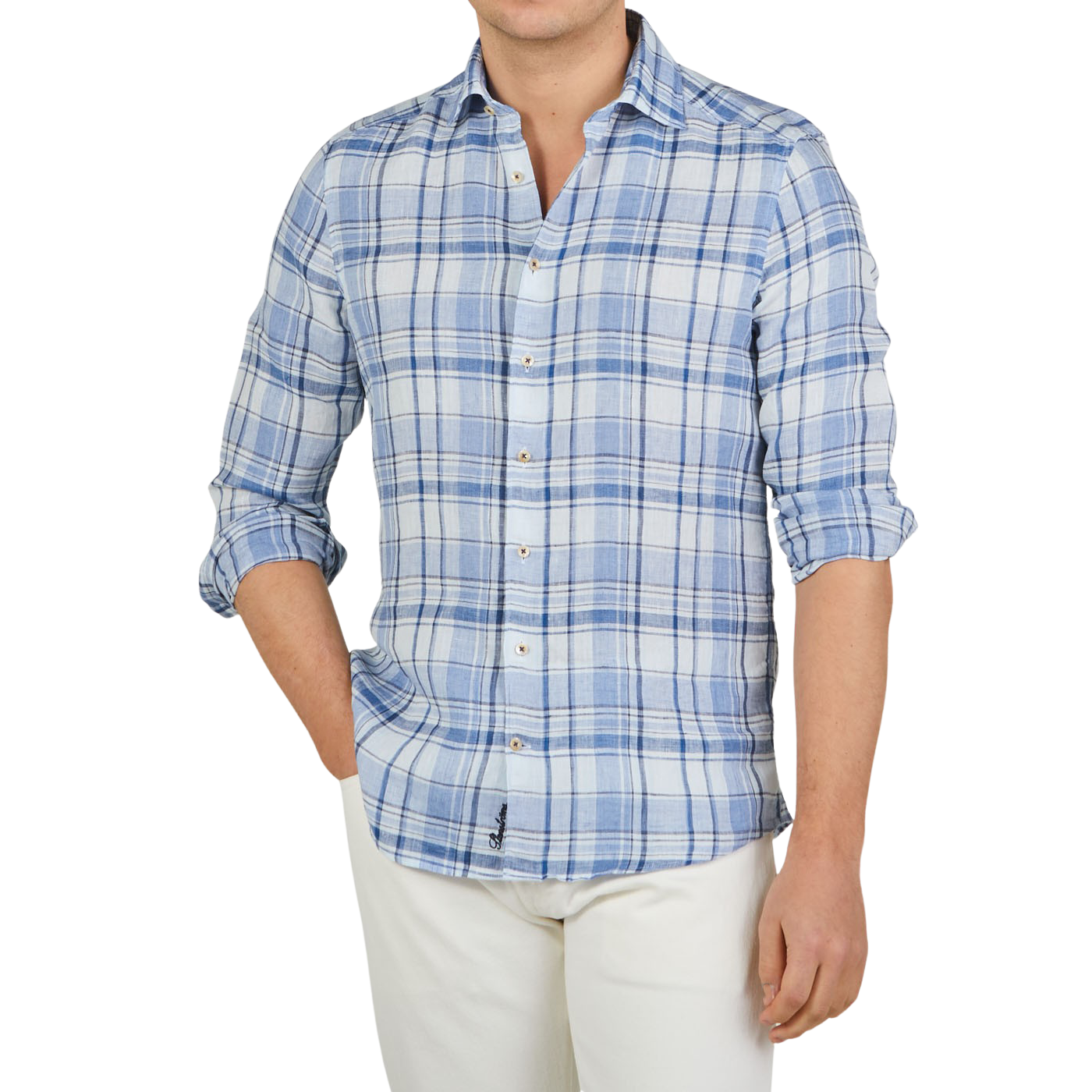 Stenströms Blue Checked Linen Cutaway Slimline Shirt Front