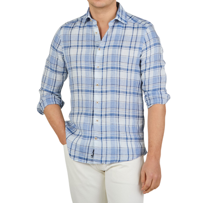 Stenströms Blue Checked Linen Cutaway Slimline Shirt Front