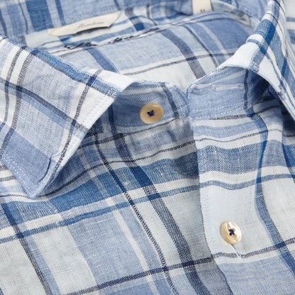 Stenströms Blue Checked Linen Cutaway Slimline Shirt Open