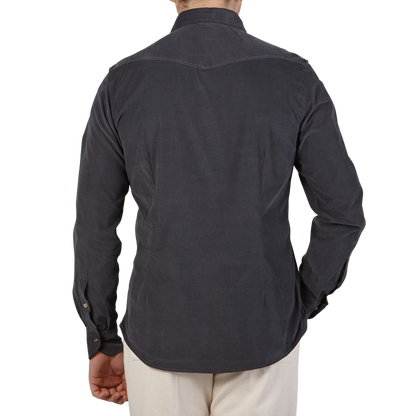 Stenströms Grey Cotton Corduroy Western Slimline Shirt Back