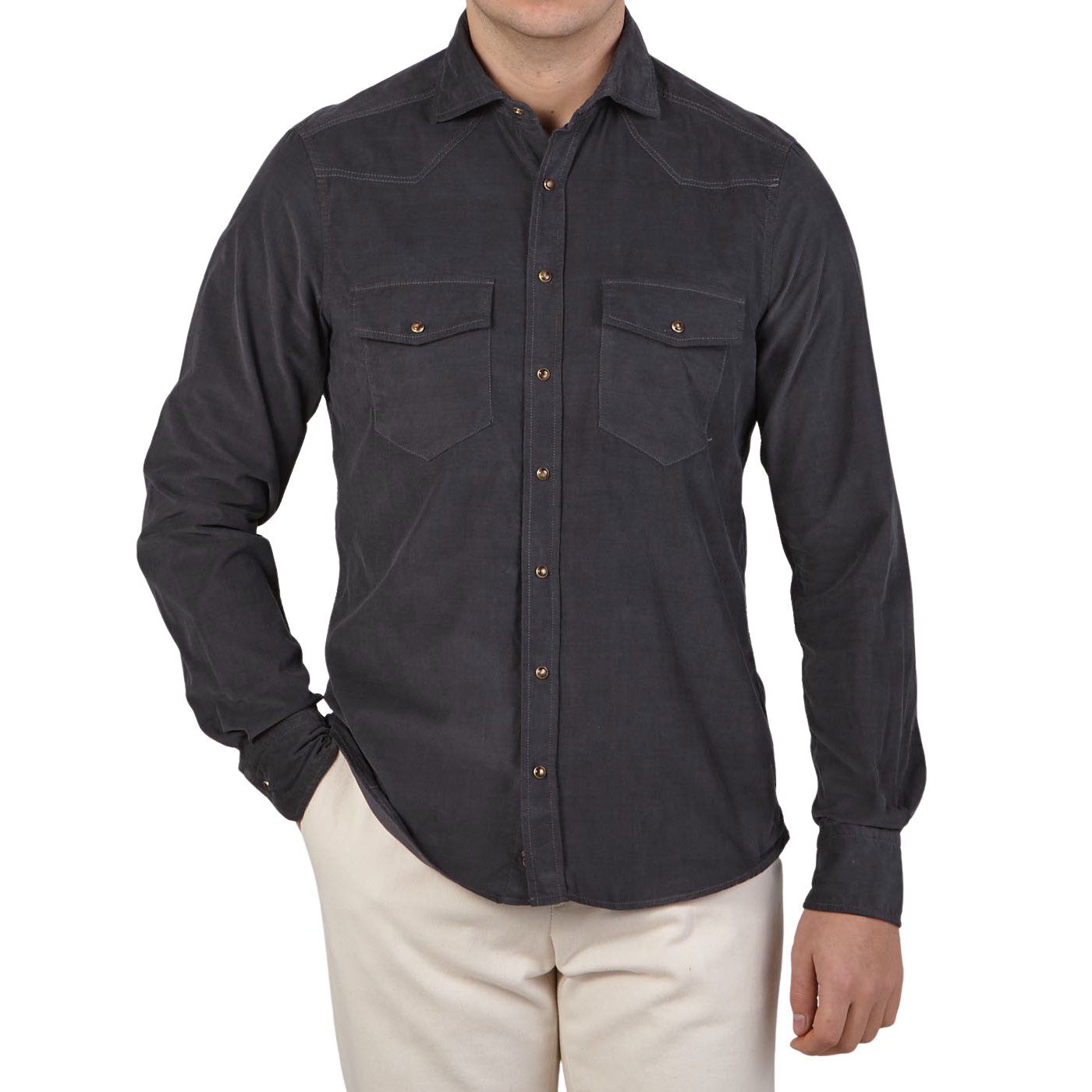Stenströms Grey Cotton Corduroy Western Slimline Shirt Front