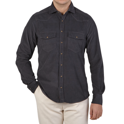 Stenströms Grey Cotton Corduroy Western Slimline Shirt Front