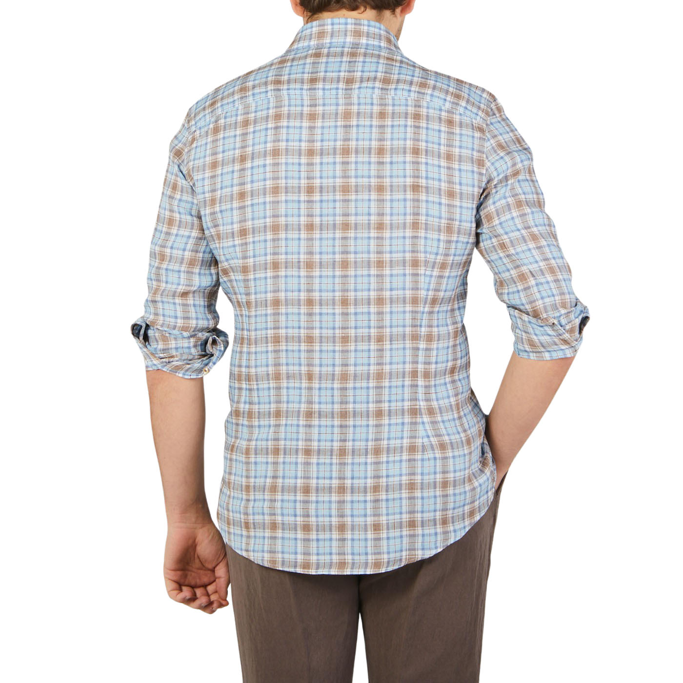 Stenströms Light Blue Checked Linen Slimline Shirt Back