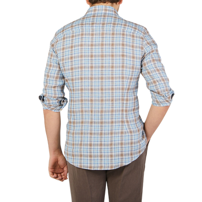 Stenströms Light Blue Checked Linen Slimline Shirt Back