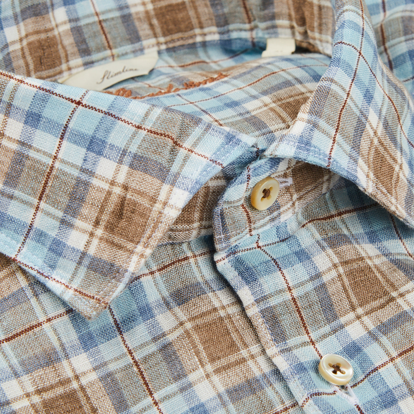 Stenströms Light Blue Checked Linen Slimline Shirt Collar
