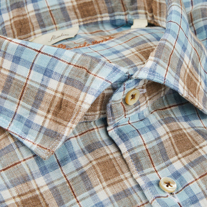 Stenströms Light Blue Checked Linen Slimline Shirt Collar