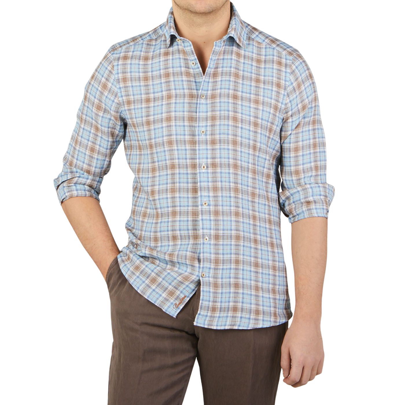 Stenströms Light Blue Checked Linen Slimline Shirt Front