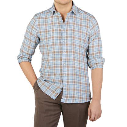 Stenströms Light Blue Checked Linen Slimline Shirt Front