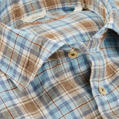 Stenströms Light Blue Checked Linen Slimline Shirt Open