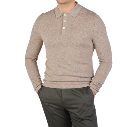 Stenströms Taupe Beige Pure Cashmere Polo Shirt Front