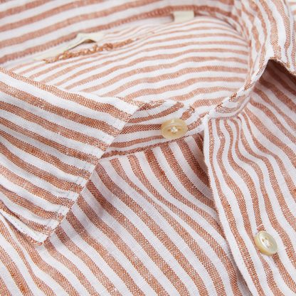 A close up of a Stenströms Dark Orange Striped Linen Slimline Shirt.