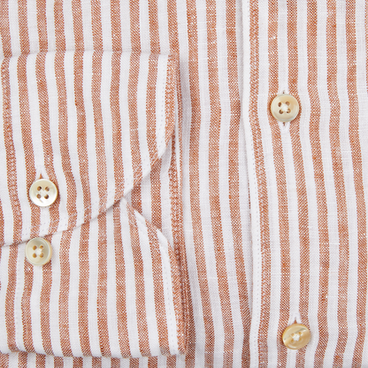 A close up of a Stenströms Dark Orange Striped Linen Slimline Shirt.