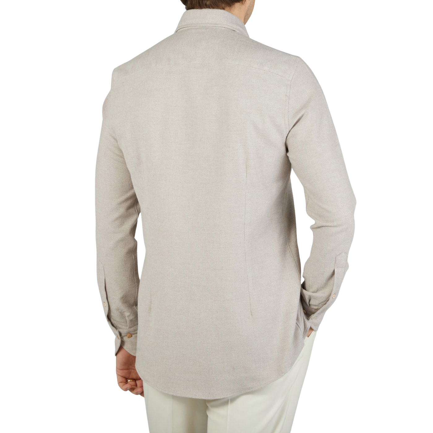 The back view of a man wearing a Light Beige Brushed Cotton Slimline Stenströms shirt.