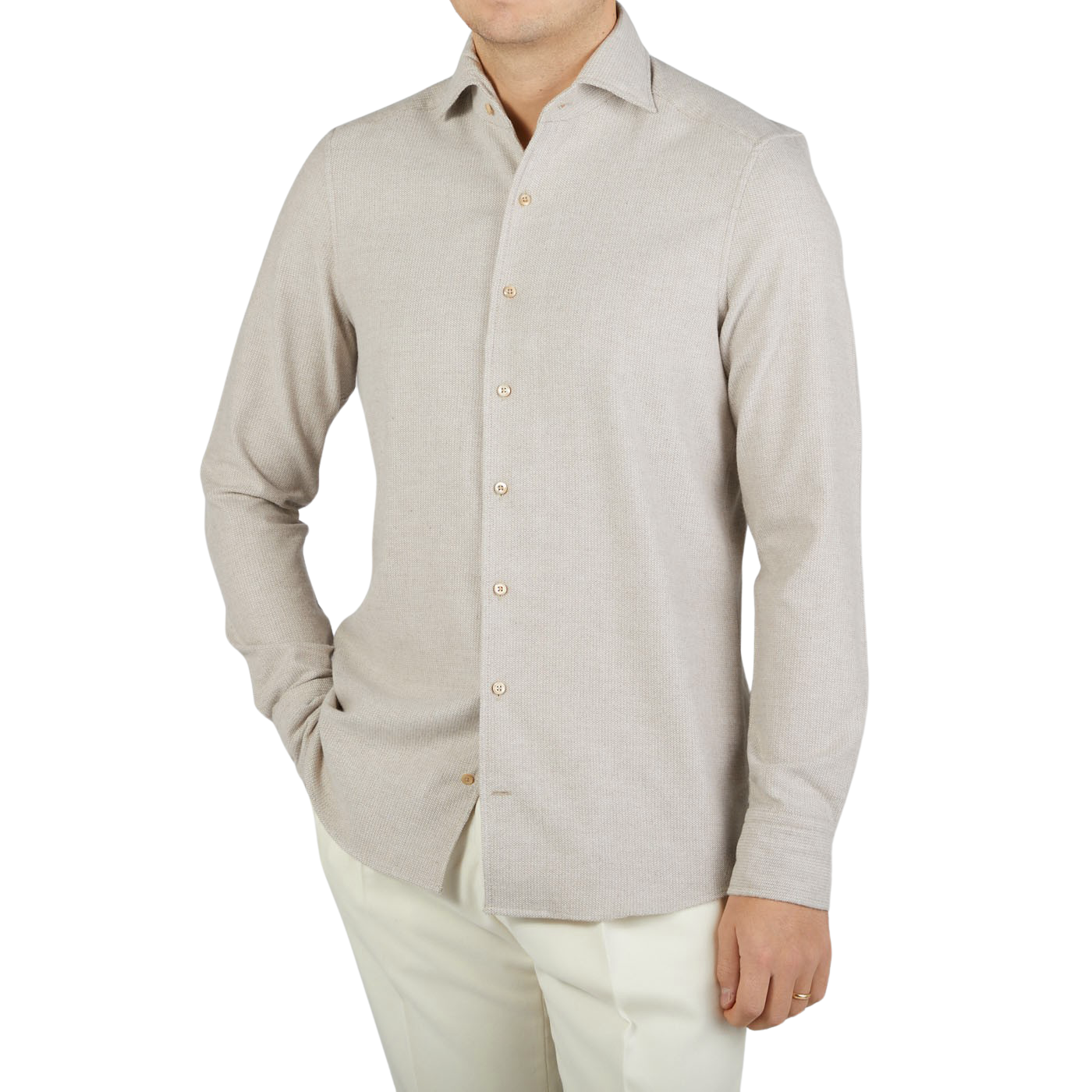 A man wearing a Light Beige Brushed Cotton Slimline Shirt from Stenströms.