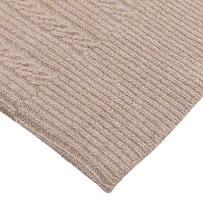 Close-up of the Stenströms Taupe Beige Structured Merino Rollneck, showcasing its luxurious merino wool fabric with ribbed and textured patterns on a light gray background.