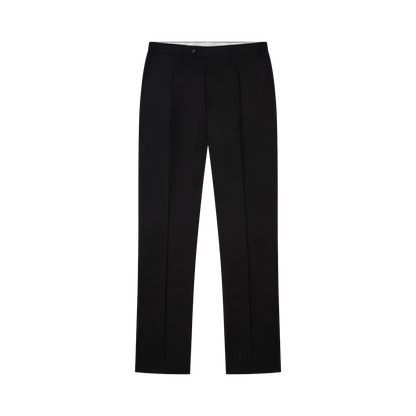 The Canali Black Serge Wool Pleated Trouser is shown flat on a white background, featuring a button closure, belt loops, side pockets, and sharp center creases for a formal, tailored appearance. , available at Richard Gelding Mayfair