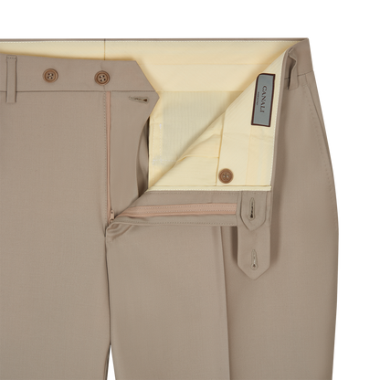 Beige Wool Flat Front Trousers