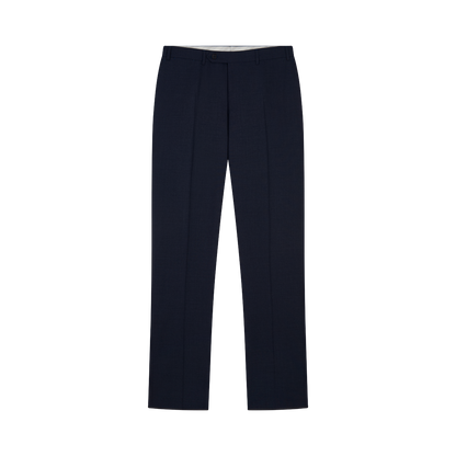 The Canali Blue Wool Stretch Flat Front Trousers are displayed flat on a white background, featuring a mid-rise waistband with belt loops, front button and zip closure, and sharp center creases. , available at Richard Gelding Mayfair