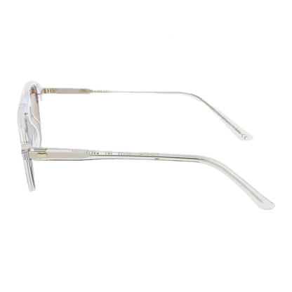Transparent eyeglasses with metallic hinges and a vintage style acetate frame, isolated on a white background. (Product: The Bespoke Dudes Panama Transparent Tobacco Lenses 52mm)