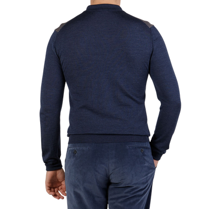 Torras Blue Wool Silk Cashmere Zip Polo Shirt Back