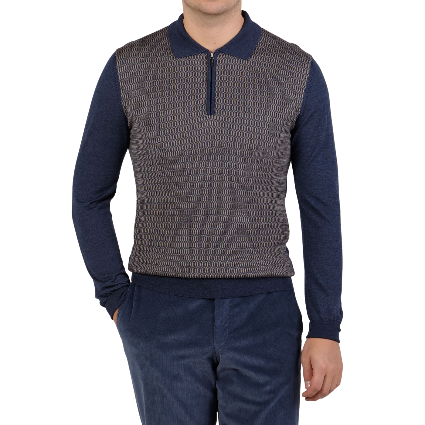 Torras Blue Wool Silk Cashmere Zip Polo Shirt Front
