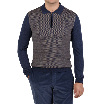 Torras Blue Wool Silk Cashmere Zip Polo Shirt Front