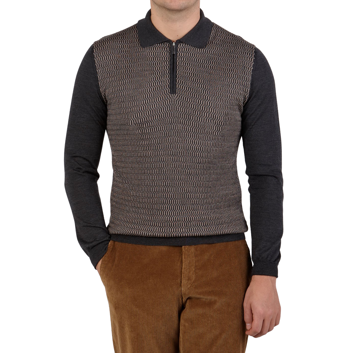Torras Grey Wool Silk Cashmere Zip Polo Shirt Front