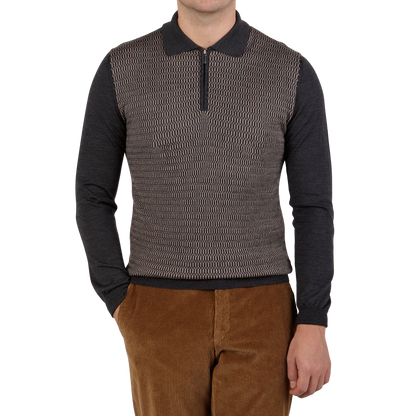 Torras Grey Wool Silk Cashmere Zip Polo Shirt Front