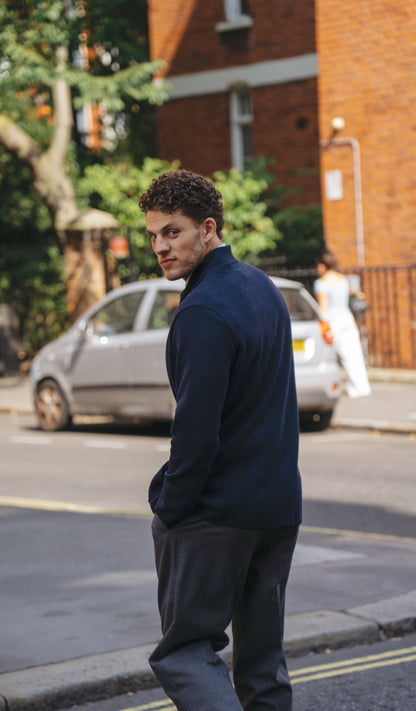 Navy Wool Milano Stitch Double Breasted Cardigan