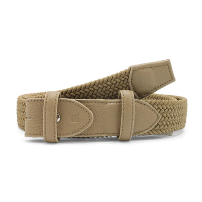 The Elliot Rhodes Taupe Stretch Weave Belt features a textured braided design with smooth leather accents on the buckle, tip, and loops. Subtle stitching enhances the leather sections, and the belt is coiled against a plain white background. , available at Richard Gelding Mayfair