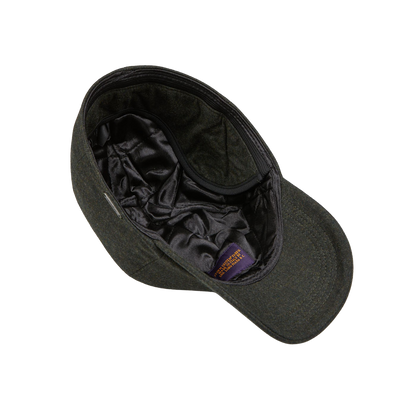 A Green Loro Piana Wool Cashmere Baseball Cap by Wigéns with a purple lining made of wool and cashmere.