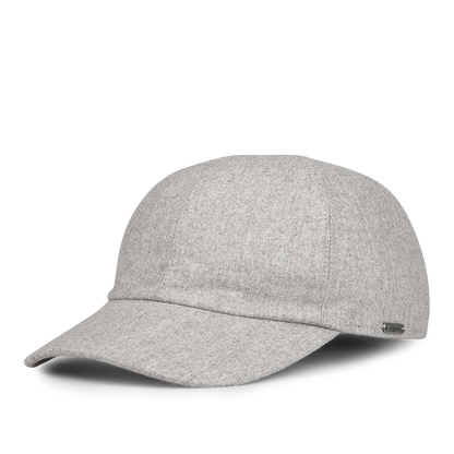 Wigéns Beige VBC Wool Flannel Baseball Cap, featuring a curved brim and a small metallic tag on the side, crafted from 100% pure wool flannel.