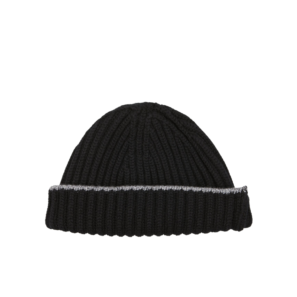 A Black Earl Grey Cashmere Ribbed Short Beanie on a white background by Scotland's finest William Lockie.