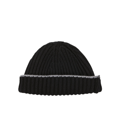 A Black Earl Grey Cashmere Ribbed Short Beanie on a white background by Scotland's finest William Lockie.