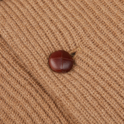 A close up of a William Lockie Brown Camel Hair Shawl Collar Cardigan.