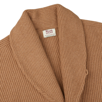 A William Lockie Brown Camel Hair Shawl Collar Cardigan sweater.