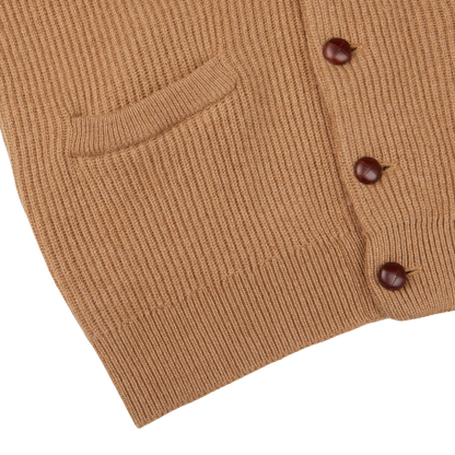 A William Lockie brown camel hair shawl collar cardigan with buttons on the front and a shawl collar.