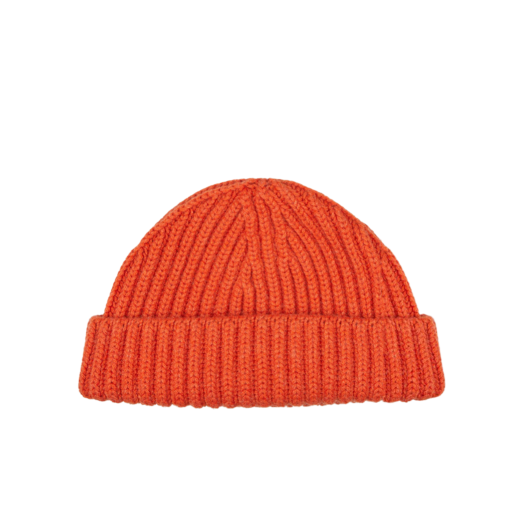 A Burnt Orange Cashmere Ribbed Short Beanie by William Lockie on a white background.