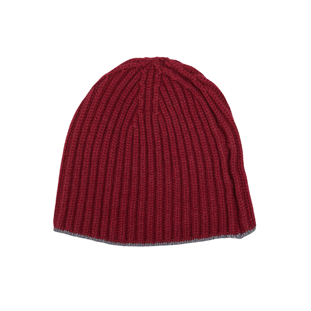 A Claret Smog Cashmere Ribbed Short Beanie by William Lockie on a white background.