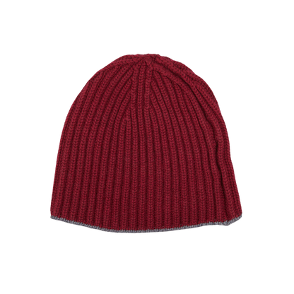 A Claret Smog Cashmere Ribbed Short Beanie by William Lockie on a white background.