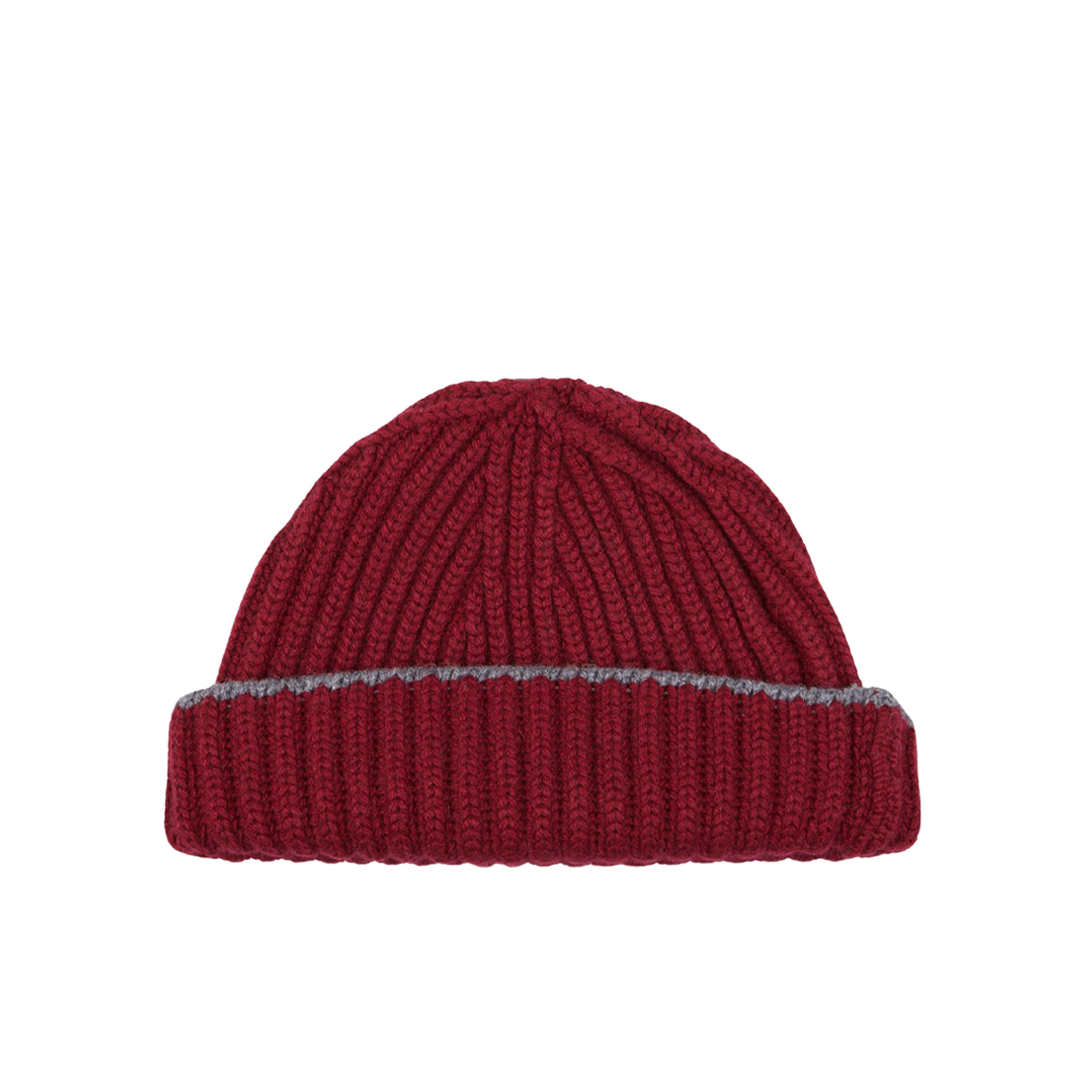 A Claret Smog Cashmere Ribbed Short Beanie by William Lockie on a white background.
