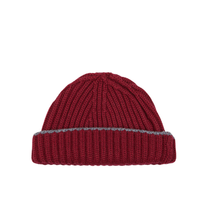 A Claret Smog Cashmere Ribbed Short Beanie by William Lockie on a white background.