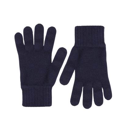 A pair of William Lockie navy blue pure cashmere gloves on a white surface.