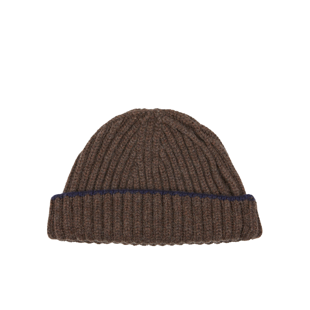 A Porcupine Blackberry Cashmere Ribbed Short Beanie with a blue stripe by William Lockie.
