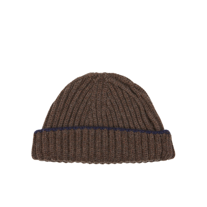 A Porcupine Blackberry Cashmere Ribbed Short Beanie with a blue stripe by William Lockie.