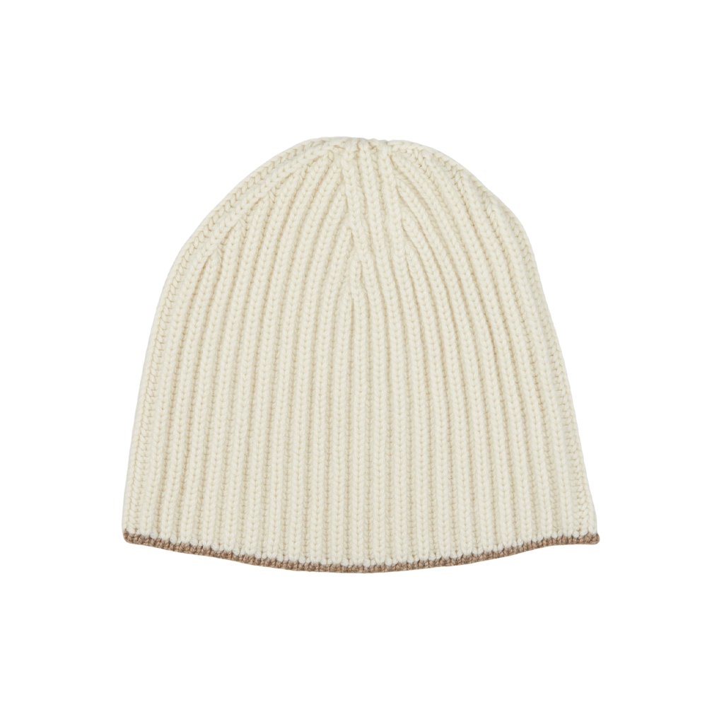 An White Undyed Cashmere Ribbed Short Beanie made from cashmere thread on a William Lockie background.